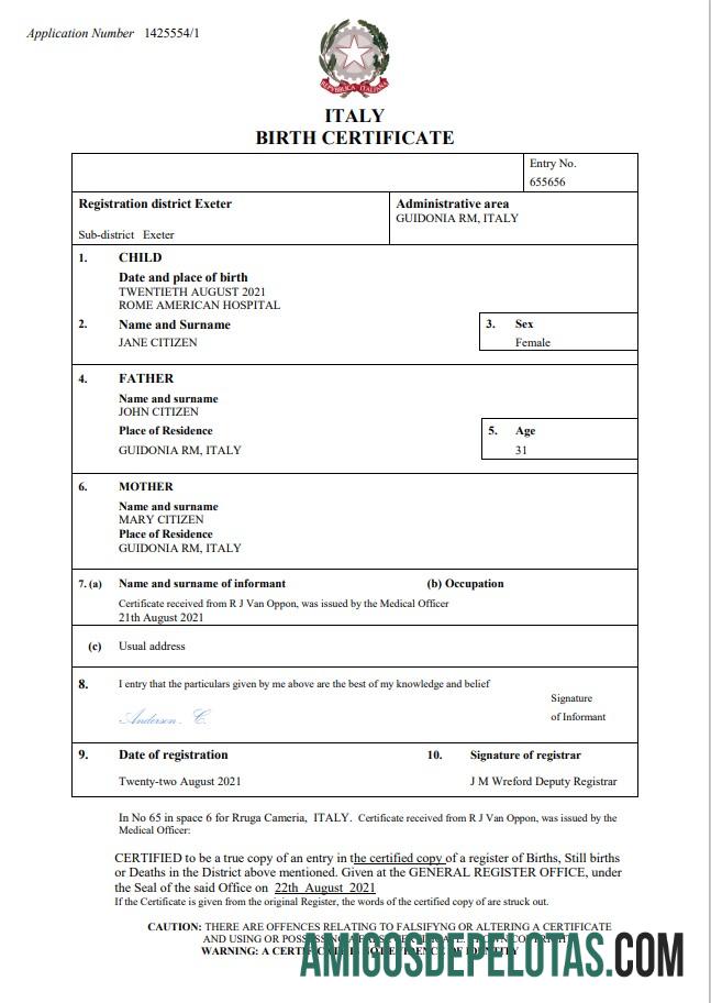 Em branco modelo Word e PDF de certidão de nascimento da Itália, totalmente editável